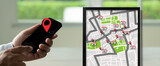 Fototapeta Panele - Hand Holding Cphone With Navigation LOCAL map Online Shopping And Local Shop Support