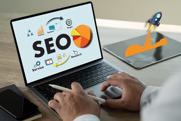 Poster - Businessman hands search on laptop engine optimization to SEO Search Engine Optimization