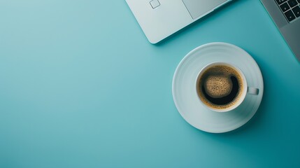 Poster - Flat lay Minimal work space  Creative flat lay photo of workspace desk Top view office desk with laptop notebooks and coffee cup on blue color background : Generative AI