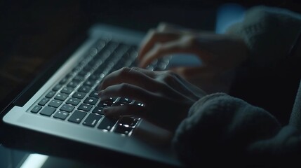Aufkleber - Close up of a mans hands on keyboard of lap top in the dark room people working at home modern white notebook Internet work technology concept : Generative AI