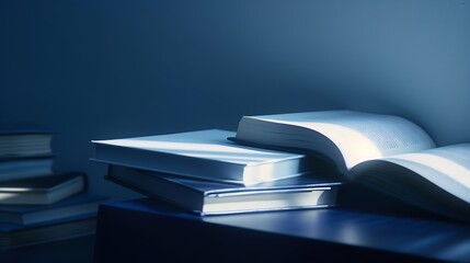 Poster - Open and closed books on dark blue table : Generative AI