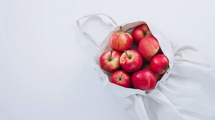 Aufkleber - Red ripe apples in shopping bag on white background Autumn apple flat lay top view copy space Autumn harvest apple cooking concept : Generative AI