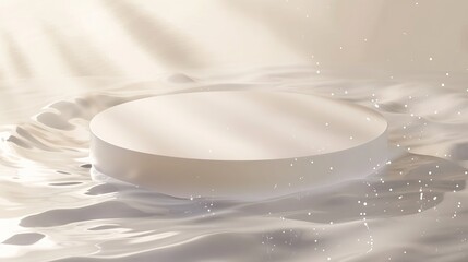 Poster - Empty white circle podium on transparent clear calm water texture with splashes and waves in sunlight Abstract nature background for product presentation Flat lay cosmetic mockup copy  : Generative AI