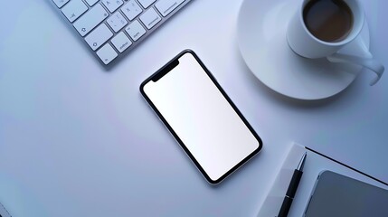 Aufkleber - Flat lay mobile phone with empty screen coffee cup notepad and keyboard on white table Top view with copy space : Generative AI