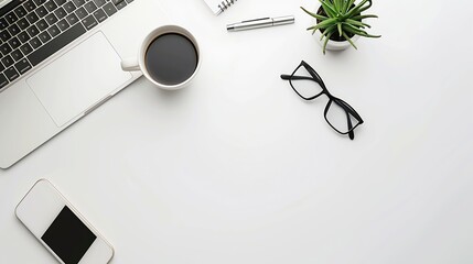 Aufkleber - White office desk table with laptop smartphone cup of coffee and supplies Top view with copy space flat lay : Generative AI