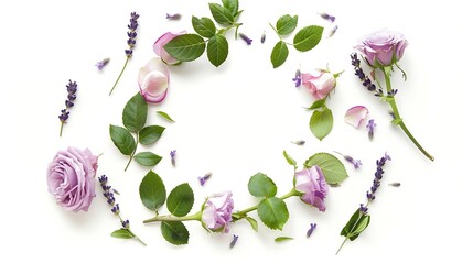 Poster - wreath frame with roses lavender branches leaves and petals isolated on white background flat lay overhead view : Generative AI