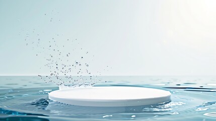 Poster - Empty white circle podium on transparent clear calm blue water texture with splashes and waves in sunlight Abstract nature background for product presentation Flat lay cosmetic mockup  : Generative AI