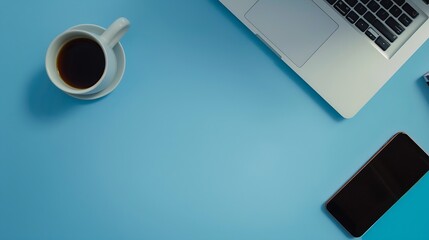 Poster - Flat lay Minimal work space  Creative flat lay photo of workspace desk Top view office desk with laptop notebooks and coffee cup on blue color background : Generative AI