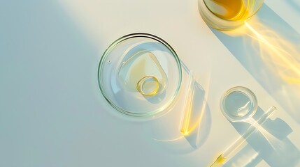 Poster - Laboratory glass petri with pipette and drop of water serum oil beauty product Natural medicine cosmetic research bio science Concept of skincare and analysis Dermatology Flat lay top  : Generative AI