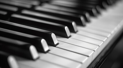 Poster - Closeup of piano keyboard Music instruments Copy space Black and White Piano Keys Taken From Above as a Flat Lay Image Piano keys side view with shallow depth of field : Generative AI