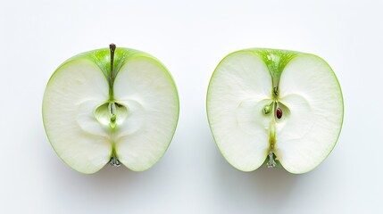 Poster - Flat lay of Fresh green Apple fruit with cut in half and slice isolated on white background : Generative AI