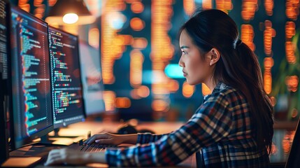 Poster - Dedicated Asian businesswoman engrossed in late-night software development with dynamic code visualization at office workstation