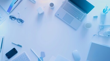 Fototapete - White office desk with laptop and supplies Top view with copy space flat lay : Generative AI