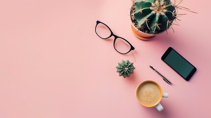Fototapete - Minimal flat lay with glasses cactuscoffee cupsmartphonepencamera on pastel background for copy space top view : Generative AI