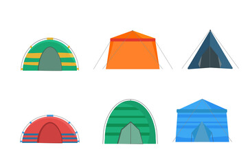 PNG, Set of tents isolated on a white background and shown from different angles. Multi Colored tents for camping in the nature and for outdoor celebrations. Triangle objects and dome in flat vector d