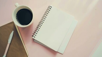 Poster - Styled stock photography brown office desk table with blank notebook computer supplies and coffee cup Top view with copy space Flat lay : Generative AI