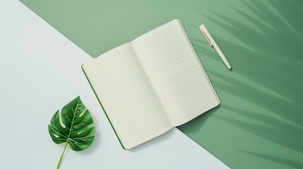 Aufkleber - Office notebook with blank pages lying open on two tone or bicolor green and white background with leaf of a potted plant and pen in a creative flat lay still life : Generative AI