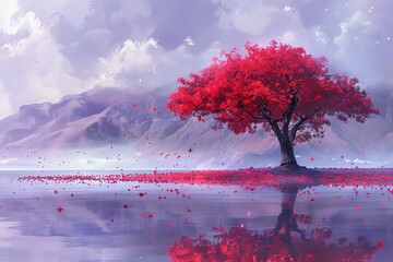 maple tree a red maple tree with a soft, pastel purple background water color, cartoon, animation 3d