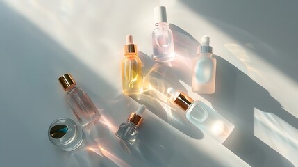 Poster - Different glass bottles with serum or oil and cosmetic skin care cream on gray background Trending shadow Cosmetic mockup Top view with copy space Flat lay : Generative AI