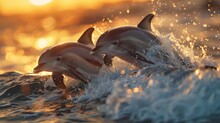 An Enchanting Vision Of Three Dolphins Leaping In Unison From The Ocean's Surface, With A Glowing Sunset Backdrop