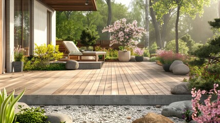  A tranquil outdoor patio scene with sunlit wooden decking, surrounded by lush greenery and vibrant flowers