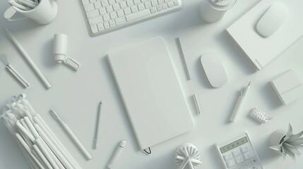 Aufkleber - White office desk table with blank notebook computer keyboard and other office supplies Top view with copy space flat lay : Generative AI