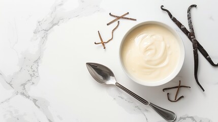 Aufkleber - Bowl with condensed milk vanilla pods and spoon on white marble table flat lay : Generative AI
