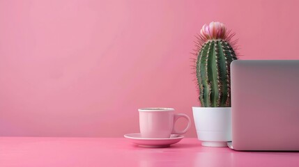 Aufkleber - Working with Laptop computerHot coffee and cactus copy space on pink table backgroundTop viewFlat laystyle Minmal workspacebusiness Concept : Generative AI