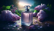 A classic perfume bottle surrounded by a serene setting. The bottle should be transparent, with a slight purple tint