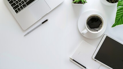 Aufkleber - Modern workspace with coffee cup smartphone paper notebook tablet and laptop copy space on white color background Top view Flat lay style : Generative AI