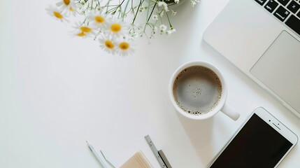 Aufkleber - White office desk table with laptop smartphone cup of coffee and supplies Top view with copy space flat lay : Generative AI