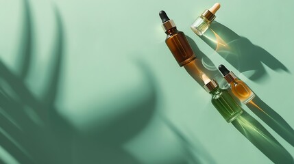 Poster - Different glass bottles with serum or oil and cosmetic skin care cream on green background Trending shadow Cosmetic mockup Top view with copy space Flat lay : Generative AI