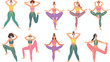 Set of women wearing bright sportswear doing Yoga. Gir