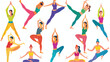 Set of women wearing bright sportswear doing Yoga. Gir