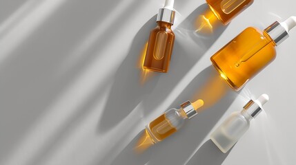 Poster - Different glass bottles with serum or oil and cosmetic skin care cream on gray background Trending shadow Cosmetic mockup Top view with copy space Flat lay : Generative AI
