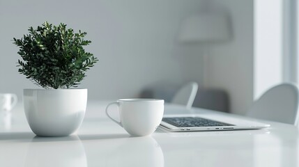 Poster - Close up view of simple workspace with laptop notebooks coffee cup and tree pot on white table with blurred office room background : Generative AI