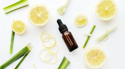 Poster - Lemongrass essential oil with lemon grass slice isolated on white background Top view Flat lay : Generative AI