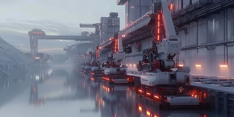 A row of illuminated cranes stands sentinel along a misty waterfront, reflecting the silent strength of industrial automation at dawn.