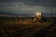 farm, showcasing farmers tending to fields and gathering produce, at night farm process