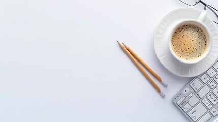 Aufkleber - Flat lay top view office table desk Workspace with keyboard office supplies pencil and coffee cup with copy space on white background : Generative AI