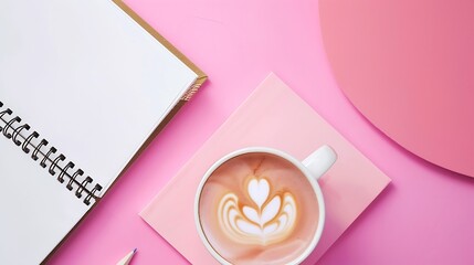 Poster - Creative flat lay photo of workspace desk with stationery coffee and blank notebook with copy space background minimal styled : Generative AI