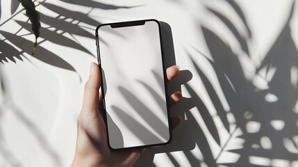 Aufkleber - Mockup of mobile phone with blank copy space screen in female hand Flat lay top view workspace : Generative AI