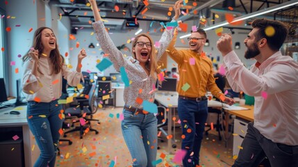 A team of employees celebrating a successful project launch in a lively office setting