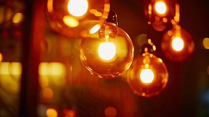 Aufkleber - Classic sphere lighting bulbs are glowing in orange warming shade there are hanging from ceiling in dark environment Interior cozy style decoration Closeup and selective focus : Generative AI