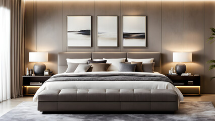 Wall Mural - Modern bedroom design, exquisite double bed and french window, with beautiful scenery outside