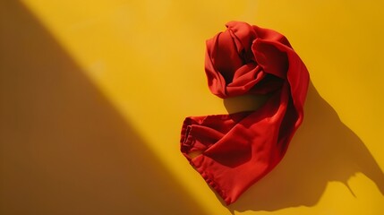 Poster - top view with red empty kitchen napkin isolated on table background Folded cloth for mockup with copy space Flat lay Minimal style : Generative AI