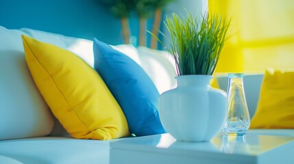 Wall Mural - Blue and yellow pillows on a white sofa with glass vase and plant pot on table living room interior : Generative AI