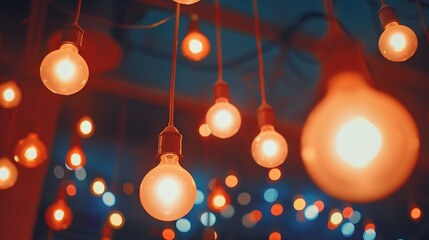 Aufkleber - ceiling lighting bulbs are glowing in orange warming shade in dark environment Interior cozy style decoration Closeup and selective focus : Generative AI