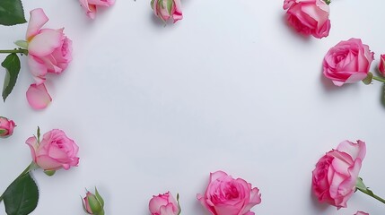 Aufkleber - Decorative frame with pink bright roses on white background Flat lay : Generative AI
