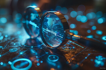 Poster - a blue, futuristic background with a magnifying glass in the center. The glass is focused on the word 